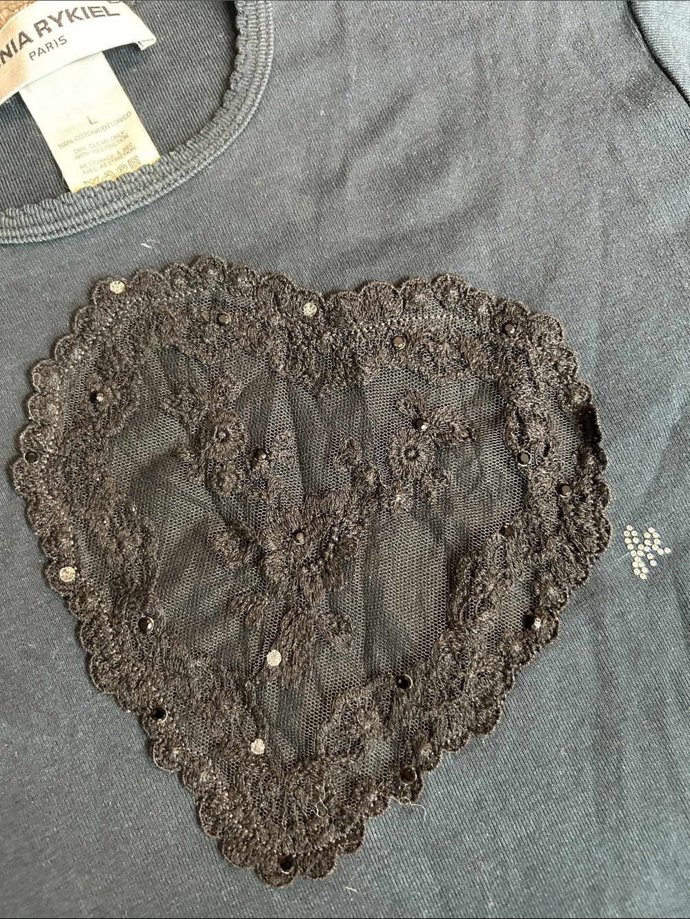 Sonia Rykiel Navy Crewneck Sweater with Black Lace Heart three-quarter sleeve L - Picture 3 of 8